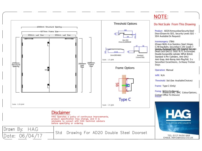 Sample specification drawing of an Armourdoor AD20 Steel Security Door 