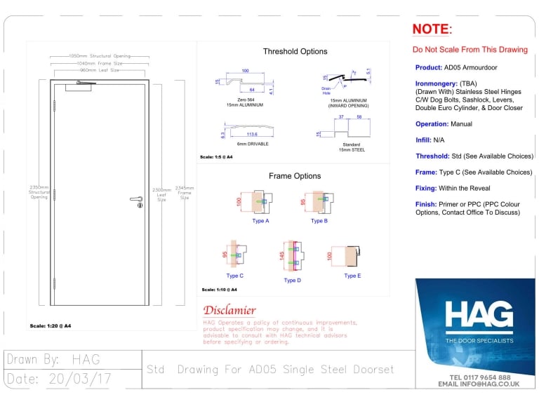 Sample specification drawing of an Armourdoor AD05 General Purpose Steel Door 